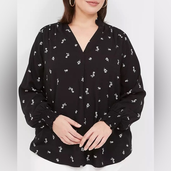 Lane Bryant 22/24 Black Floral Print Tunic Blouse Lightweight Long Sleeve Rayon - Picture 1 of 8